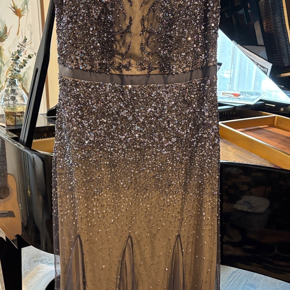 Adrianna Papell gunmetal  and Tan Embellished Maxi Dress - Picture 4 of 9